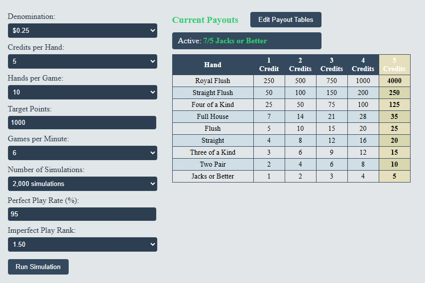 Video Poker Odds Calculator Screenshot